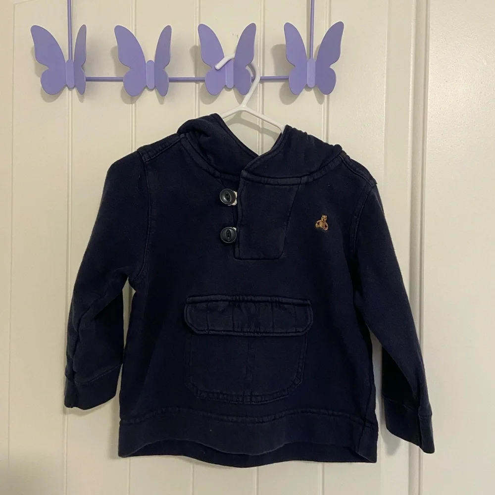 EUC Baby GAP button front bear patch hooded pullover sweatshirt 18-24 months‎